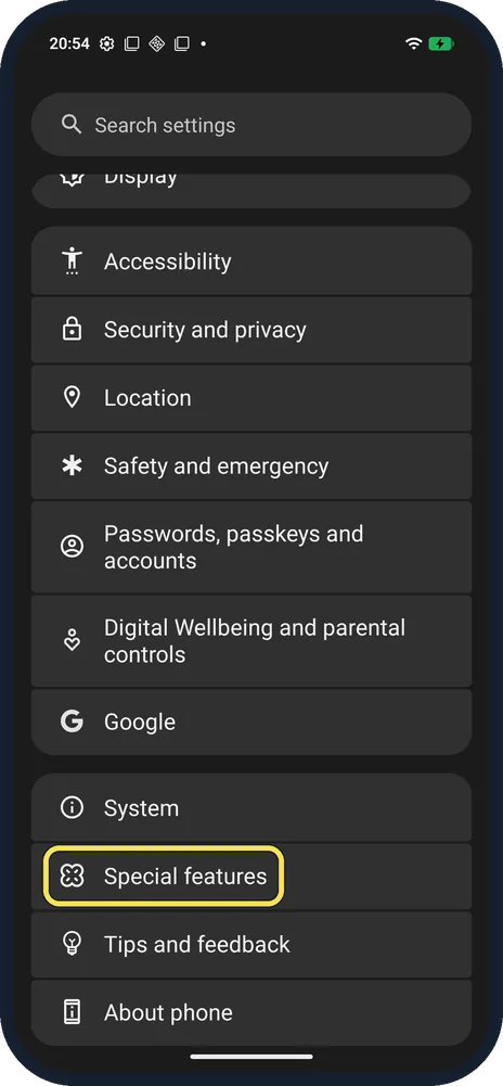 Android screenshot: Open Special features