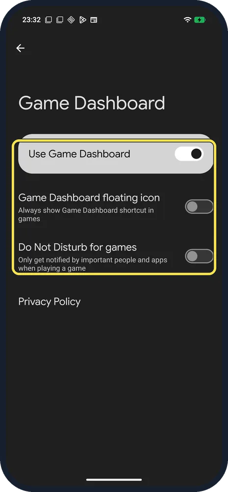 Android screenshot: Set up Game Dashboard