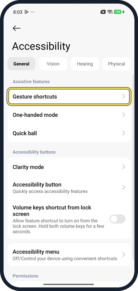 Android screenshot: Open Gesture shortcuts