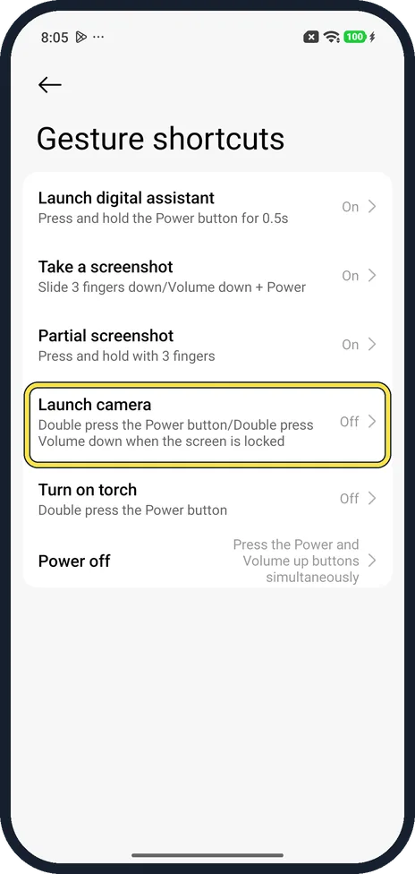 Android screenshot: Tap Launch camera