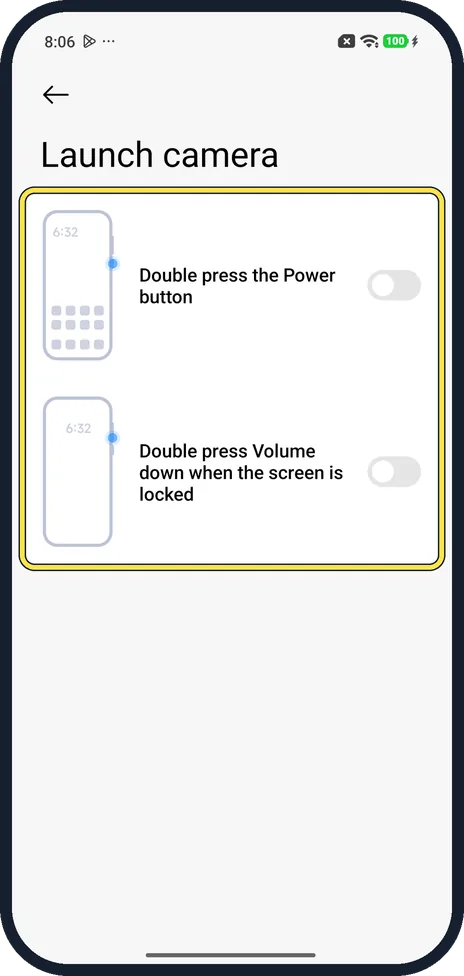 Android screenshot: Turn on the camera shortcut
