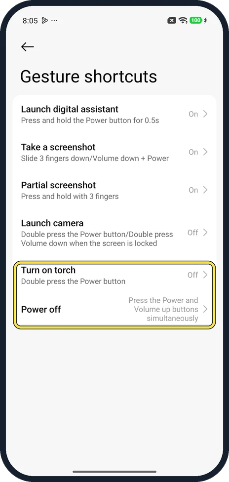 Android screenshot: Torch and power off