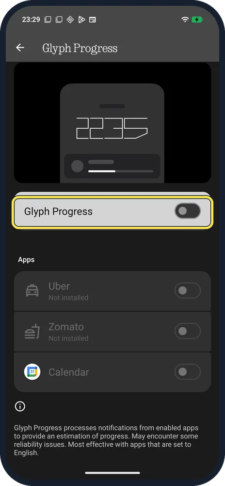 Android screenshot: Open Glyph Progress and turn it on