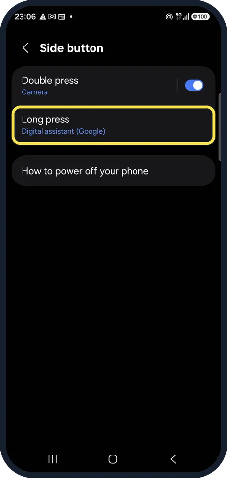 Android screenshot: Set the side button