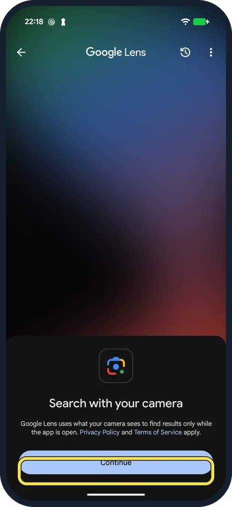 Android screenshot: Tap Continue the first time