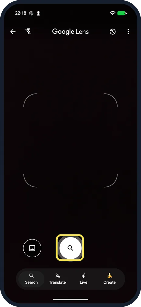 Android screenshot: Point the camera and tap the search button