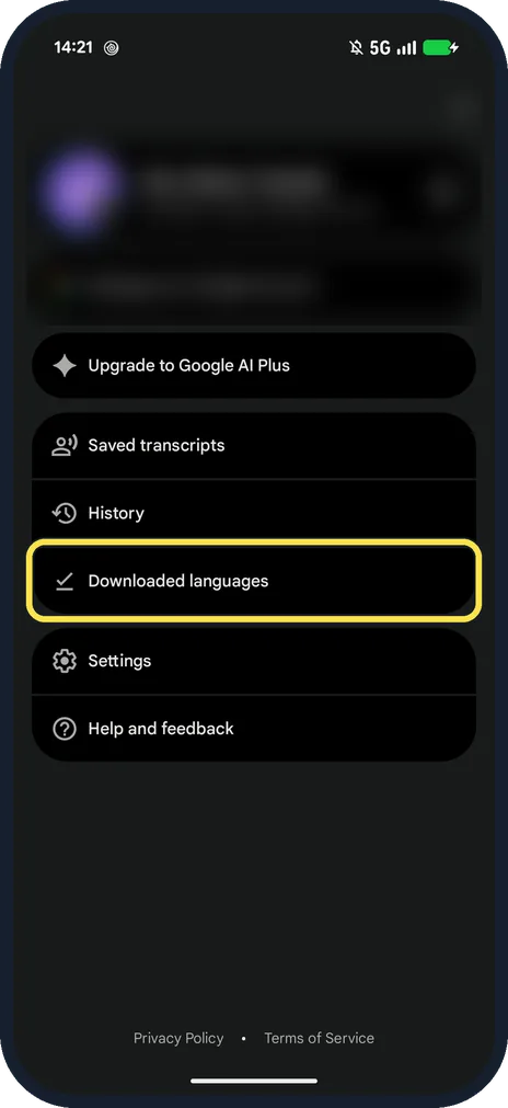 Android screenshot: Tap Downloaded languages