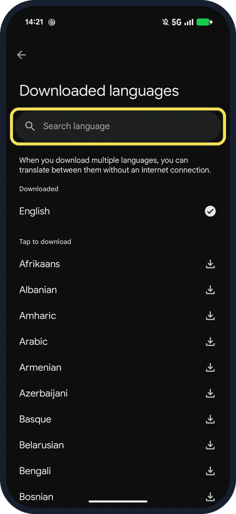 Android screenshot: Search for the language