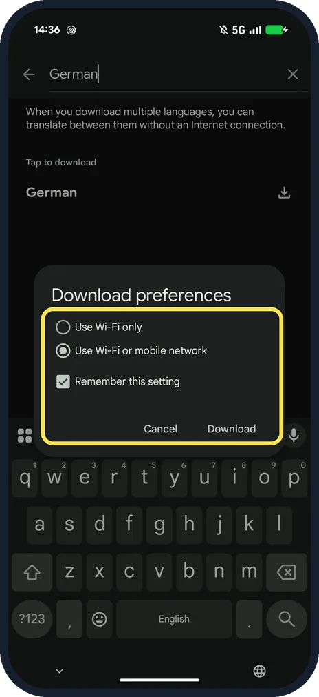 Android screenshot: Choose the network and tap Download