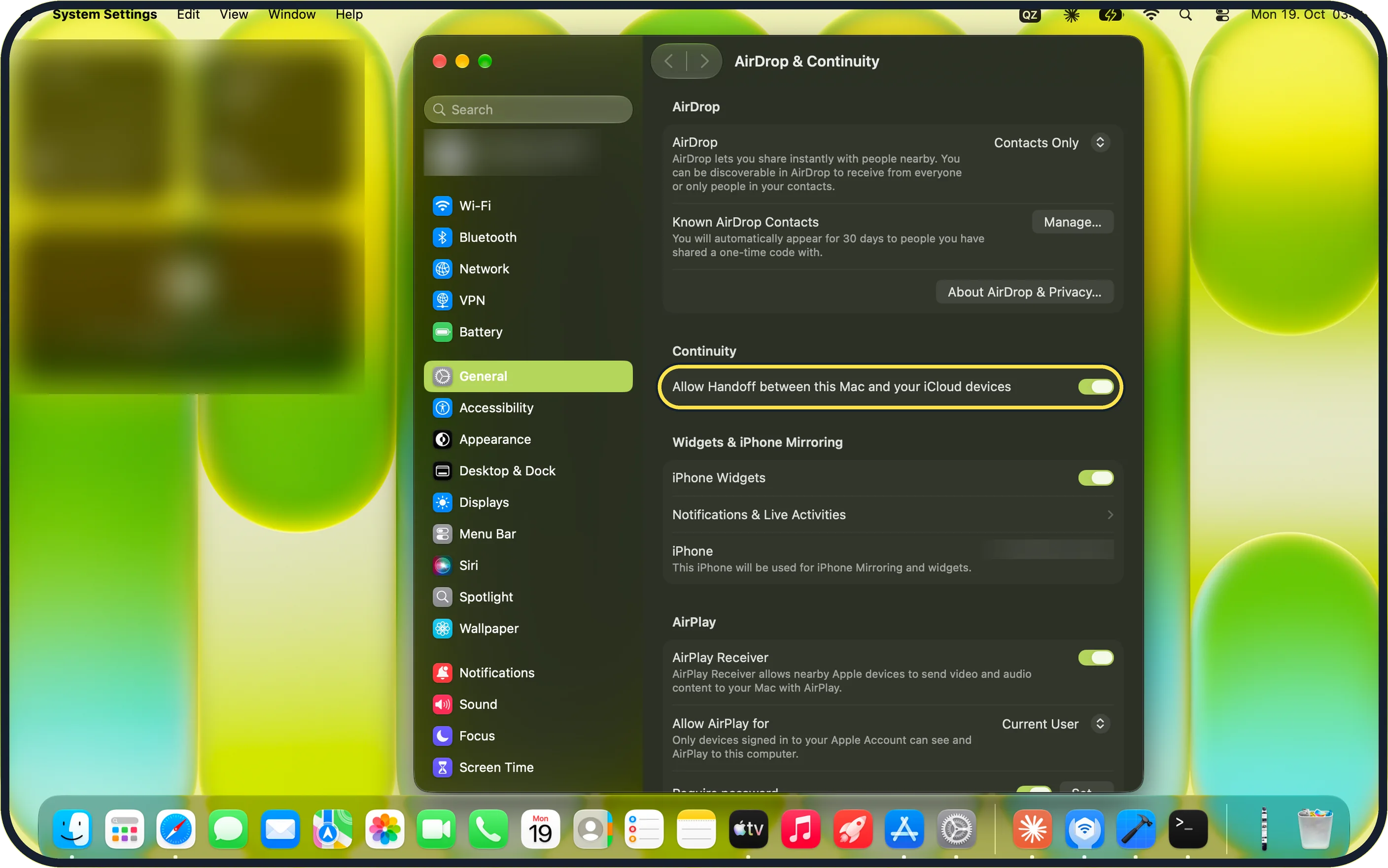 Mac screenshot: Mac: turn on Allow Handoff