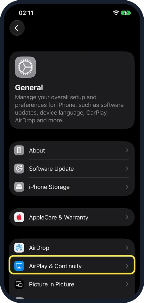 iPhone screen: iPhone: open AirPlay & Continuity