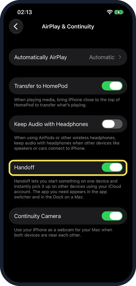 iPhone screen: iPhone: turn on Handoff