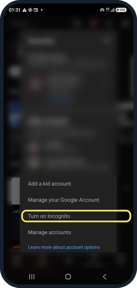 Android screenshot: Tap Turn on Incognito