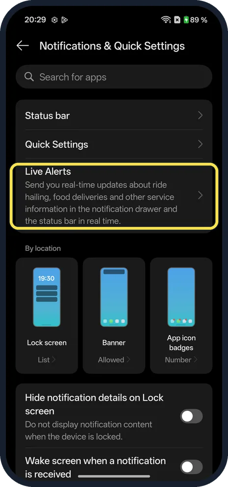 Android screenshot: Open the Live Alerts settings