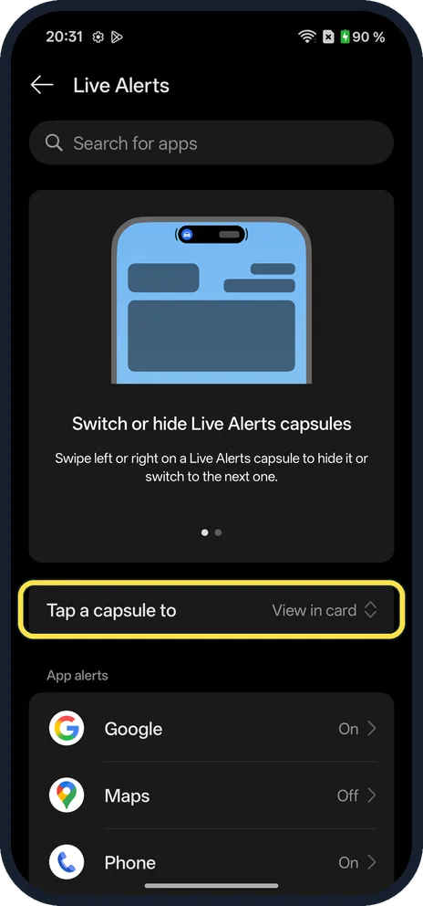 Android screenshot: Choose what a tap does
