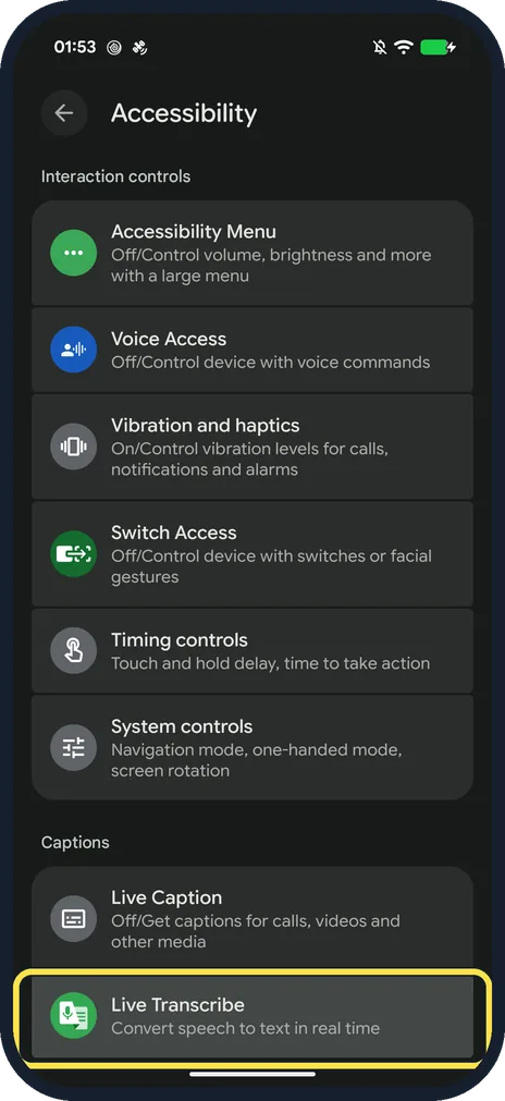 Screenshot from the guide: How to use Live Transcribe on a Google Pixel (Android 17)