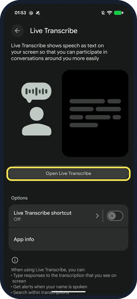 Android screenshot: Tap Open Live Transcribe