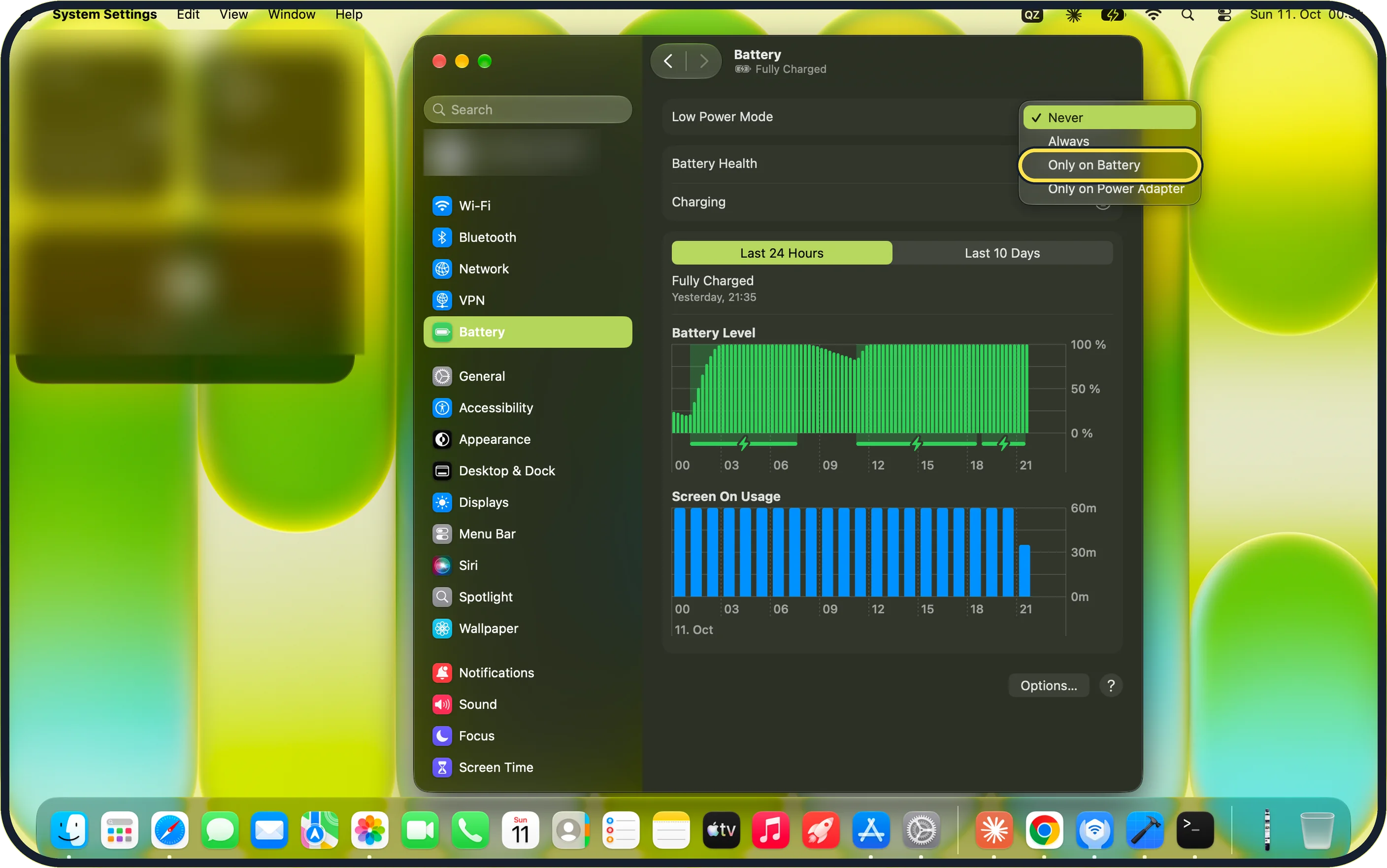 Mac screenshot: Open the Low Power Mode menu and choose when it should be on