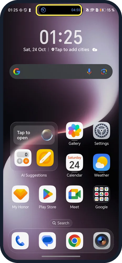 Android screenshot: Start a timer, recording or call