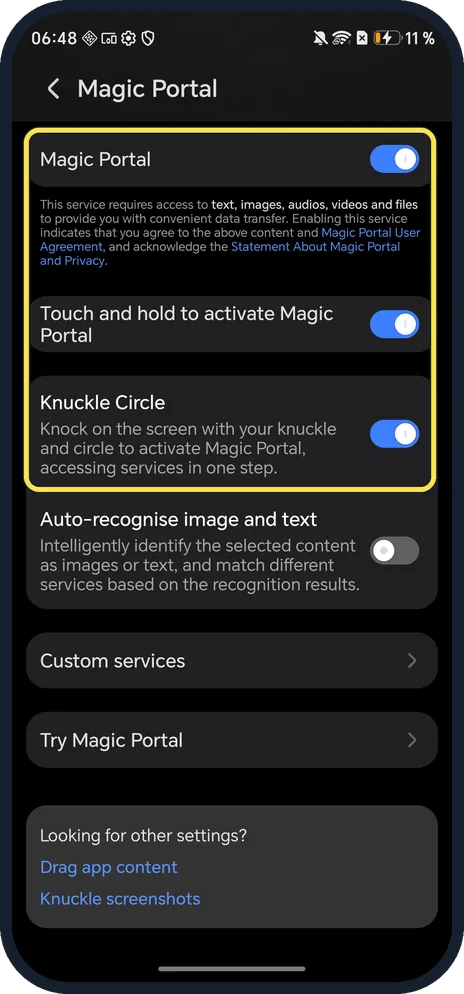 Android screenshot: Turn on Magic Portal and check Knuckle Circle