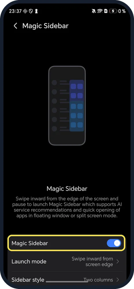 Android screenshot: Turn on Magic Sidebar