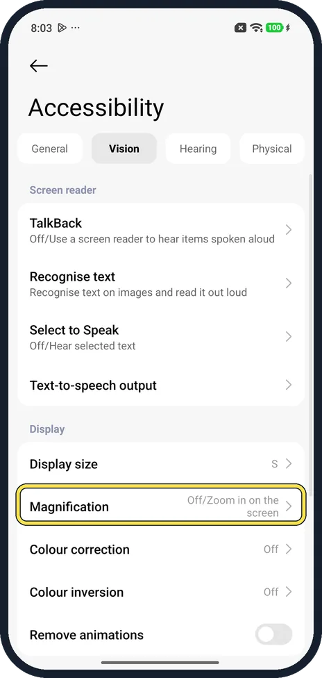 Android screenshot: Tap Magnification