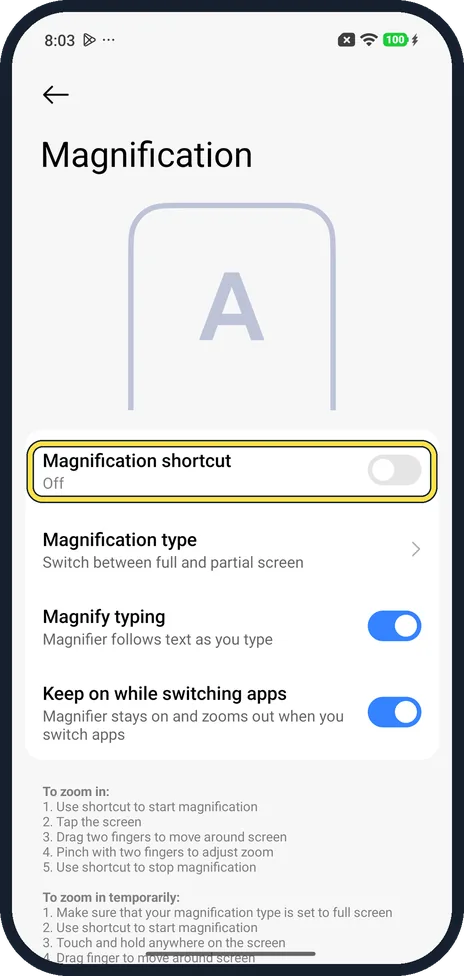 Android screenshot: Open Magnification shortcut