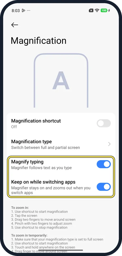 Android screenshot: Two extra switches