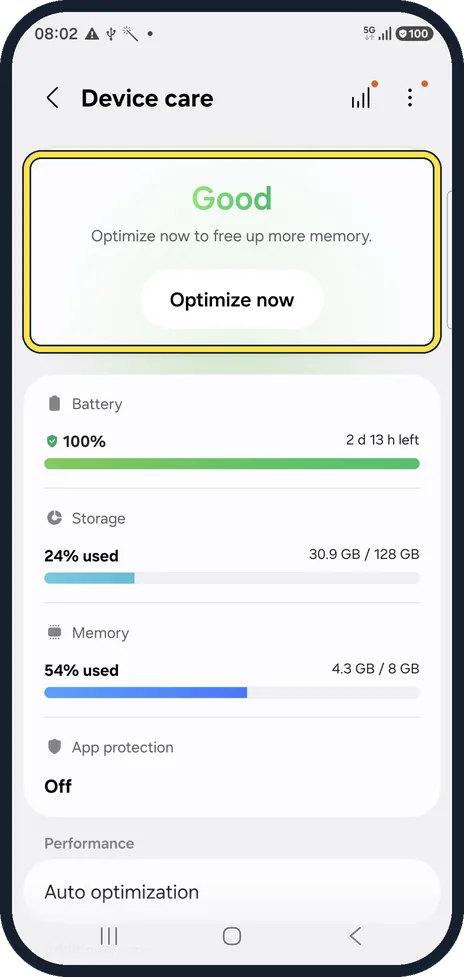Android screenshot: Open Device care