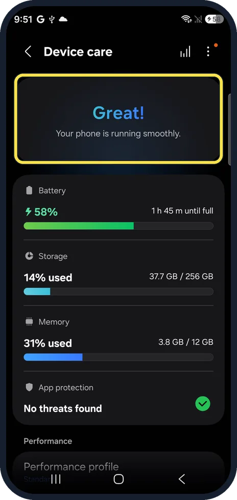 Android screenshot: Open Device care