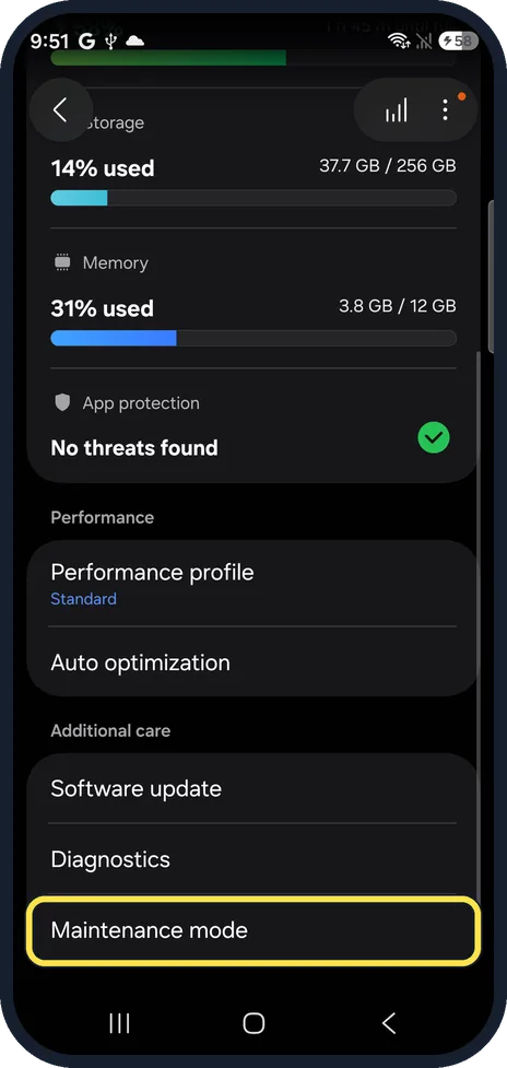 Android screenshot: Tap Maintenance mode