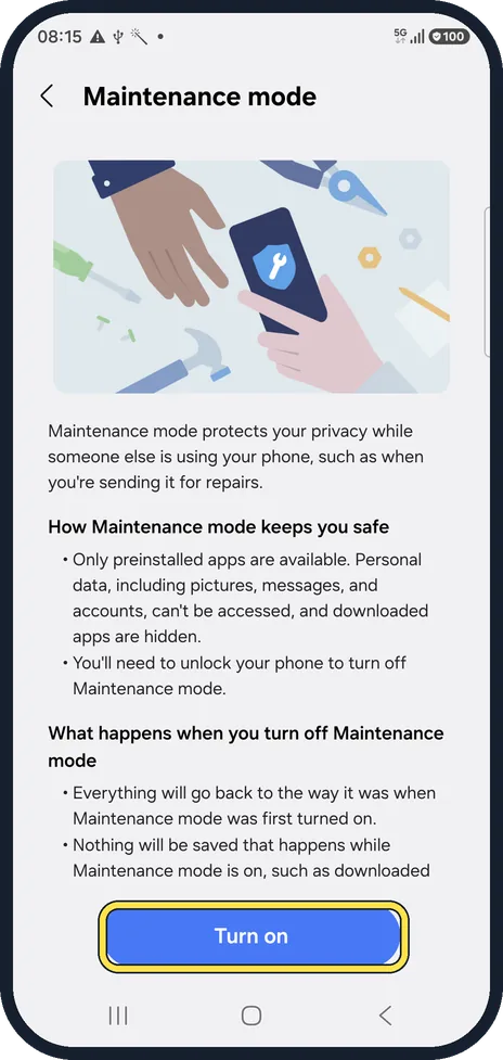 Android screenshot: Tap Turn on