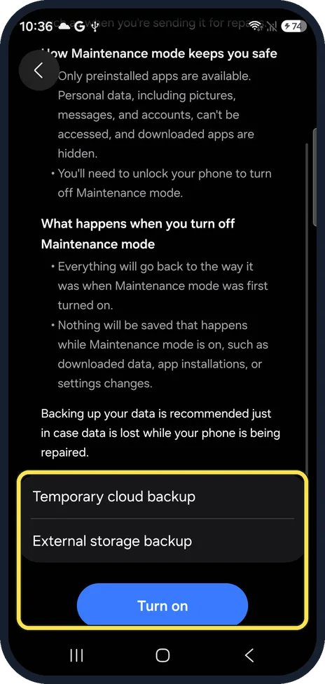 Android screenshot: Back up, then tap Turn on