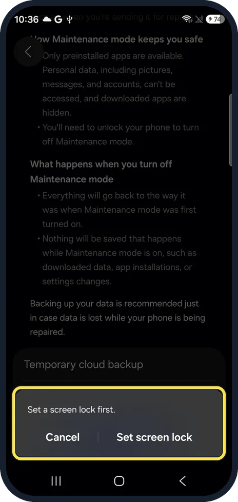 Android screenshot: Set a screen lock if it asks