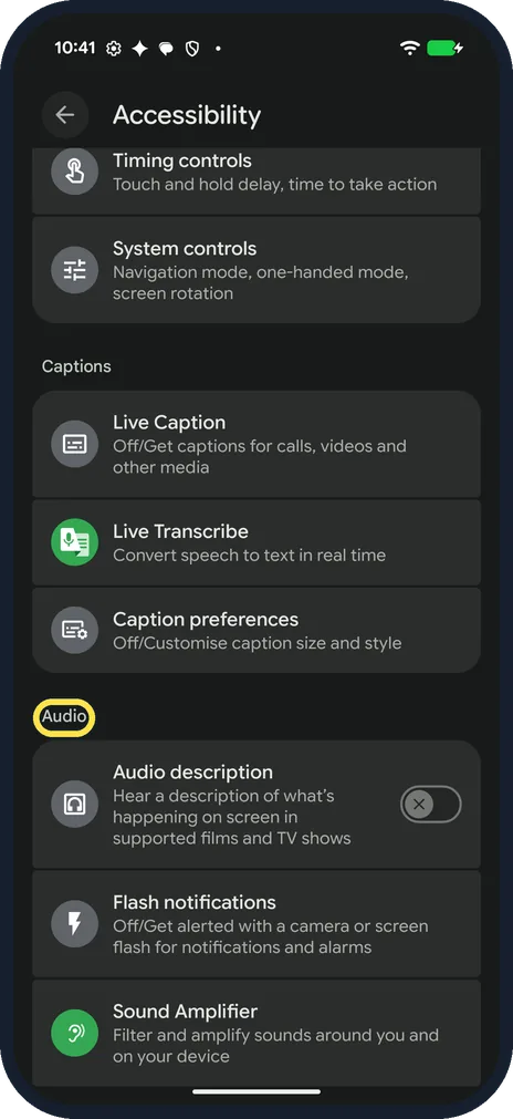 Android screenshot: Scroll to Audio