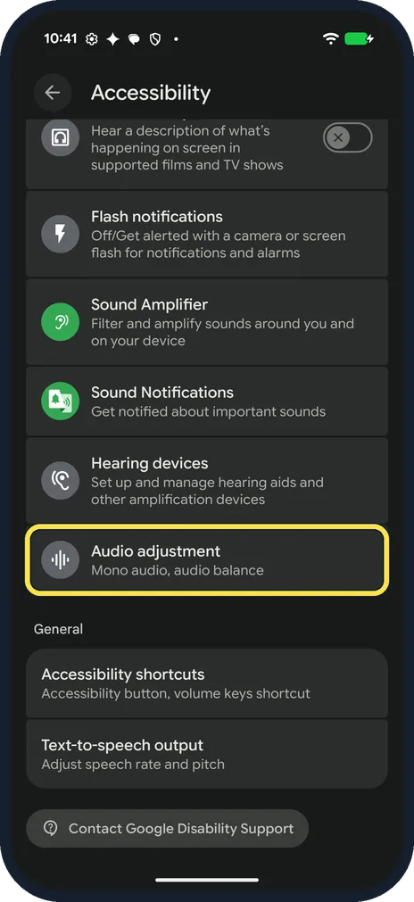 Android screenshot: Tap Audio adjustment