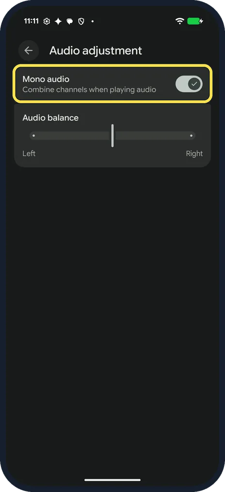 Android screenshot: Turn on Mono audio