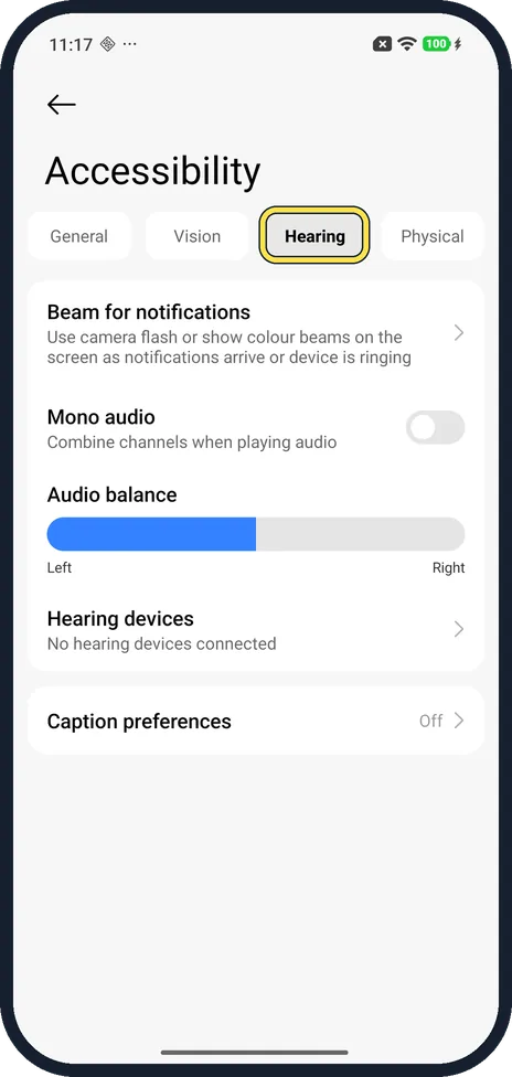 Android screenshot: Open the Hearing tab