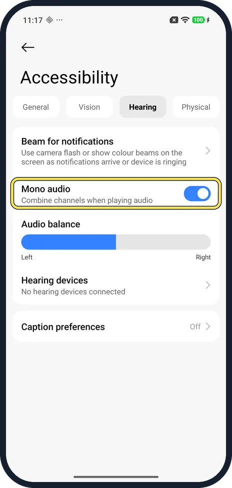 Android screenshot: Turn on Mono audio