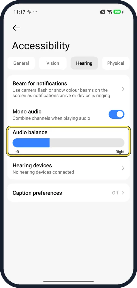 Android screenshot: Set Audio balance