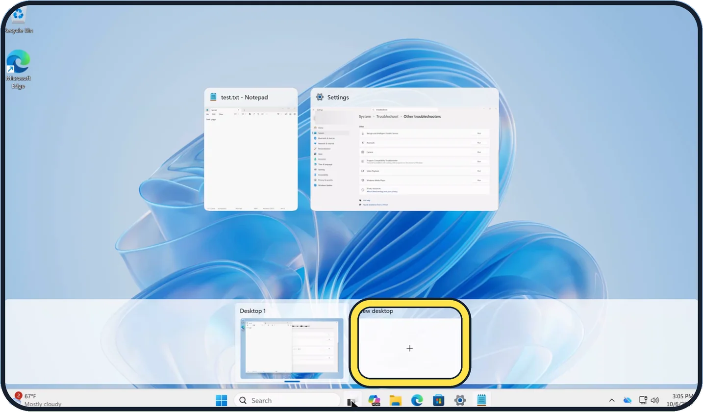 Windows screenshot: Create a new desktop