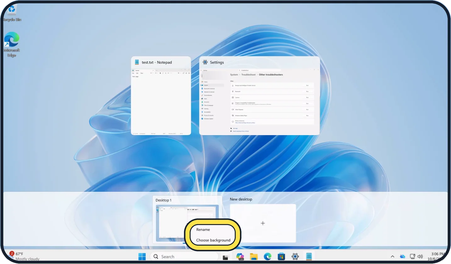 Windows screenshot: Name a desktop and give it its own background