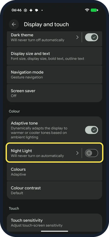 Screenshot from the guide: How to use Night Light on a Google Pixel (Android 17)