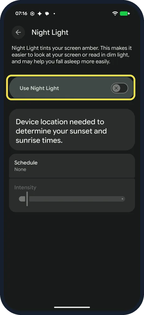 Android screenshot: Turn on Use Night Light