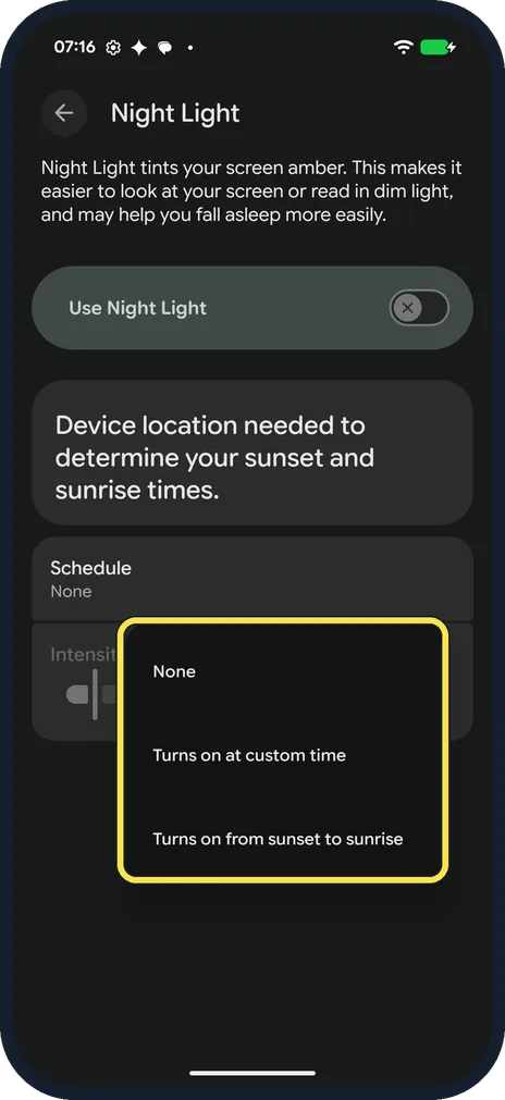 Android screenshot: Pick a schedule