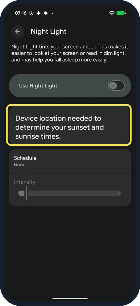 Android screenshot: Sunset needs your location