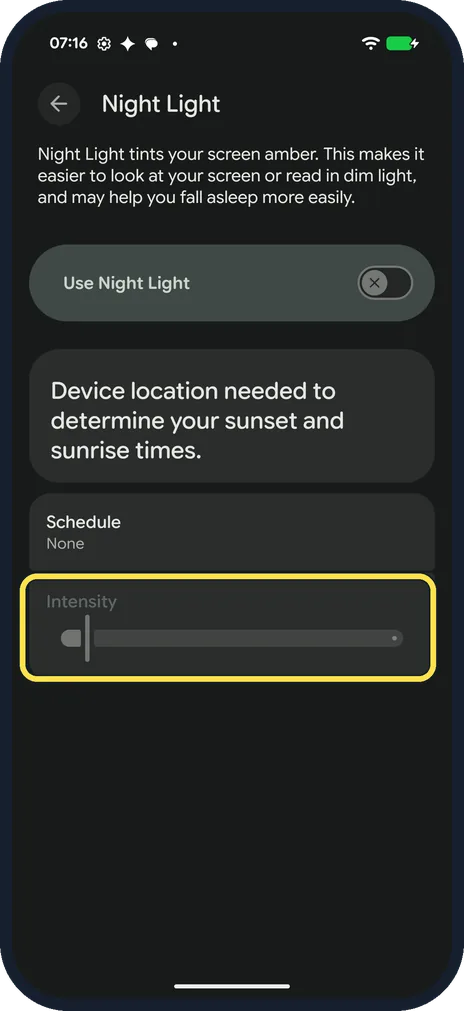 Android screenshot: Set the intensity