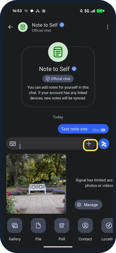 Android screenshot: Tap + to add a photo