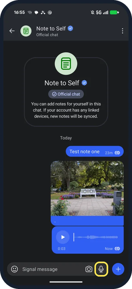 Android screenshot: Hold the mic for a voice note