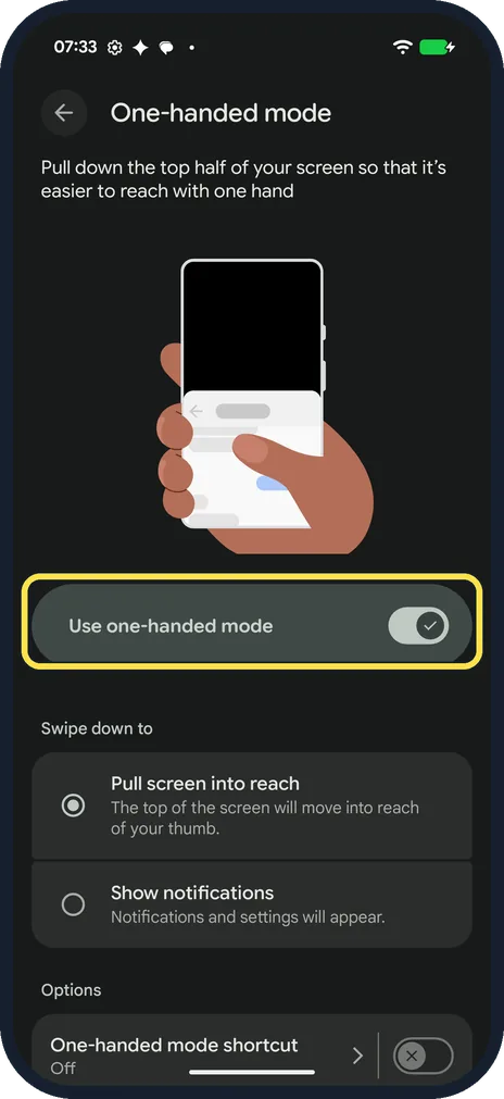 Android screenshot: Turn on Use one-handed mode